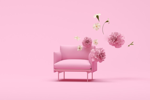 Różowy fotel z spadającymi kolorowymi kwiatami na pastelowym różowym tle Pomysł na reklamę 3d render