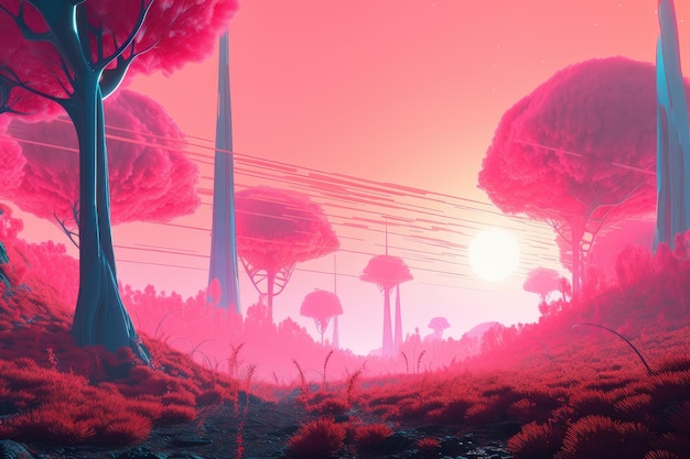 Różowy futurystyczny krajobraz z wysokimi drzewami i wschodem słońca w tle