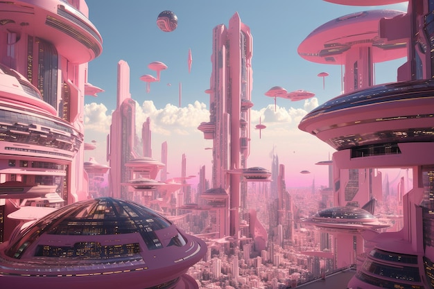 Różowy futurystyczny pejzaż miejski z wysokimi drapaczami chmur i poduszkowcami przemykającymi obok