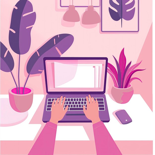 różowy i biały plakat pokazuje osobę pracującą na laptopie