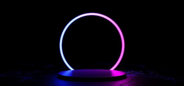 Różowy i niebieski neonowy tło produktu na scenie świecący okrągły kształt nad pustym podium mody renderowania 3dxA