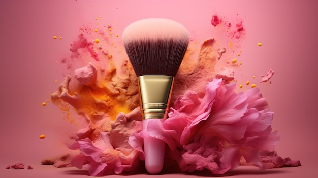 Różowy i żółty pędzel do makijażu na różowym proszku Tło