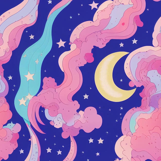 Różowy jednorożec i księżyc z gwiazdami na niebieskim tle.