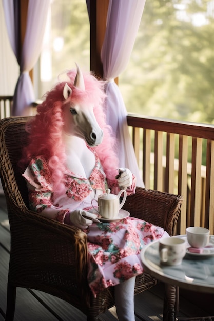 Różowy jednorożec pije herbatę, siedząc na krześle na tarasie AI Generative