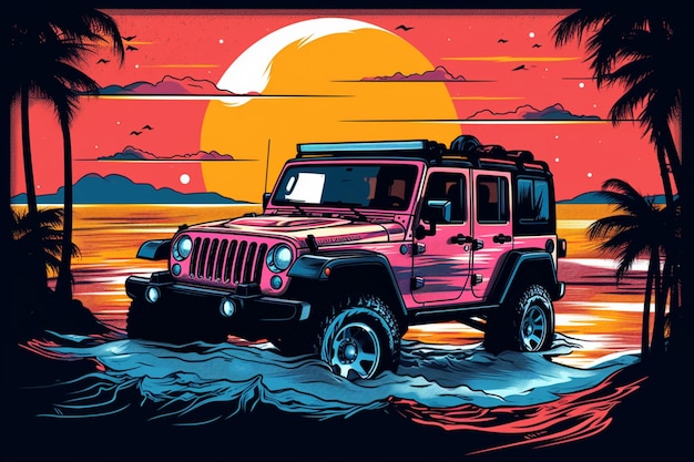 Różowy jeep jedzie po plaży z palmami w tle.