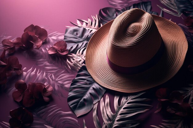 Zdjęcie różowy kapelusz z różową opaską znajduje się na różowym tle z kwiatem i liśćmi.