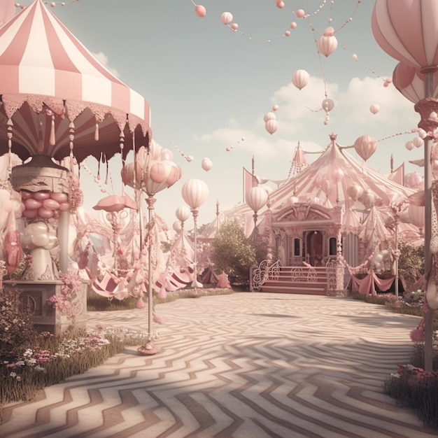 Różowy karnawał z karuzelą i różowym namiotem z różowym namiotem w tle.