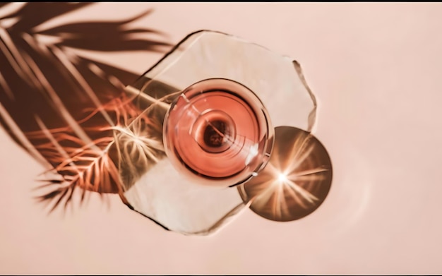 Różowy kieliszek na wino na beżowym tle z palmowe liście cień blask na słońcu letni odpoczynek koncepcja suche wino w szklanych wyrobach kreatywny widok z góry pastelowe kolory