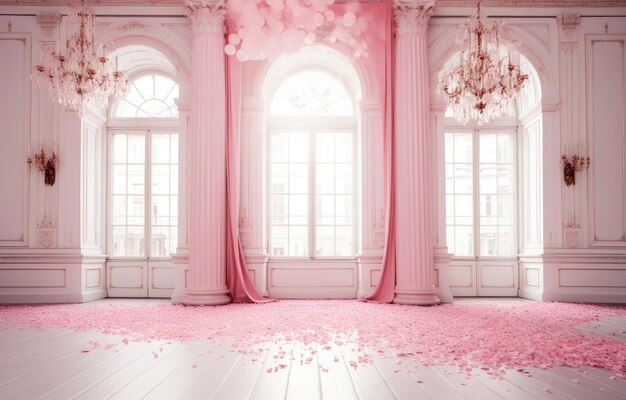 Różowy klasyczny styl biały hal i luksusowe drzwi łukowe tło z spadającym różowym konfetem tło