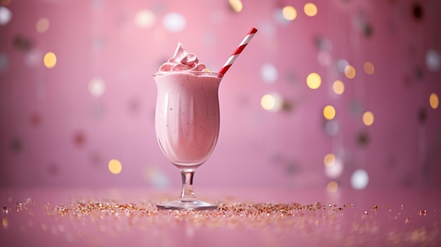 Zdjęcie różowy koktajl truskawkowy lub smoothie na różowym tle z światłami