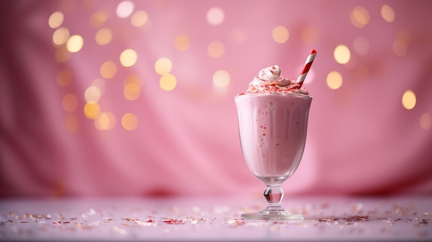 Zdjęcie różowy koktajl truskawkowy lub smoothie na różowym tle z światłami
