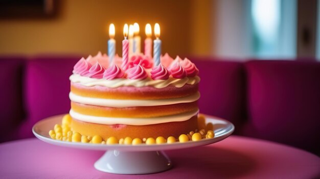 Różowy kolor tort urodzinowy poziomy kopia przestrzeń świece tło kartka powitawkowa złote tło