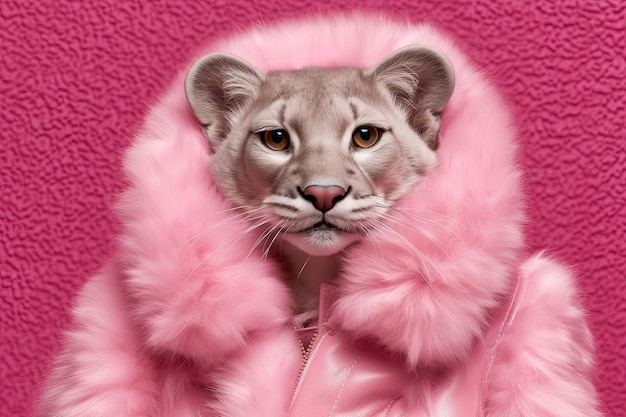 Różowy kot gangster w neonowym pasku ilustracyjnym generatywnym ai