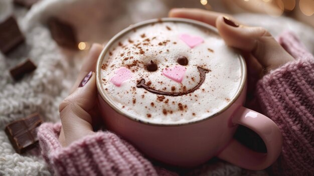 różowy kubek kawy z kawałkami czekolady i uśmiechnięta twarz na pianie w rękach w różowym dzianinowym swetrze na drewnianym stole w przytulnej atmosferze koncepcja przytulności śniadanie czekoladowe dzień