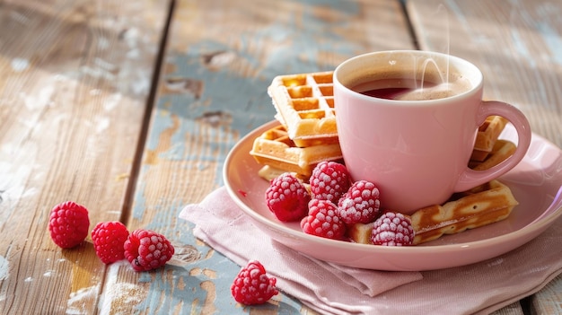 różowy kubek z narysowaną uśmiechniętą twarzą i wafle z malinami na różowym talerzu na starym lekkim drewnianym stole śniadanie i dobry ranek koncepcja przestrzeni kopiowania