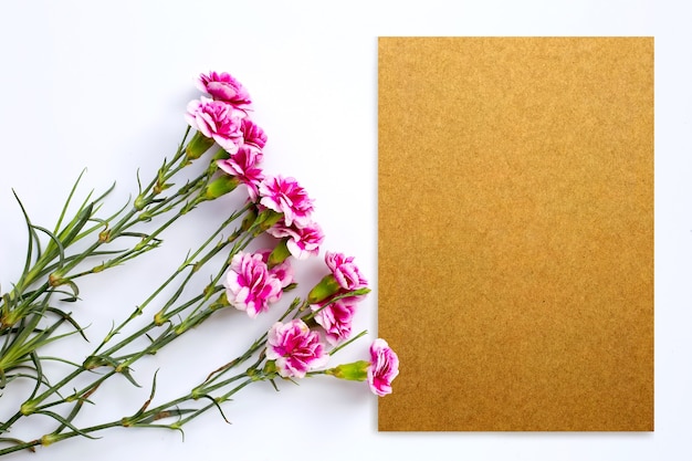 Zdjęcie różowy kwiat goździka z papieru na białej powierzchni