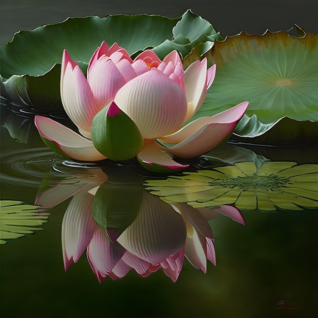 Różowy kwiat lotosu odbija się w wodzie.