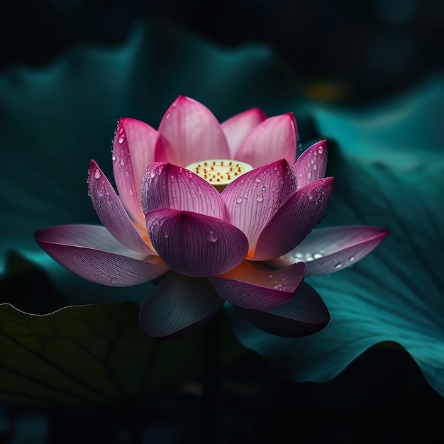 Różowy kwiat lotosu z kroplami wody