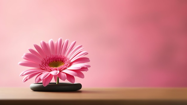 Różowy kwiat siedzi na stole