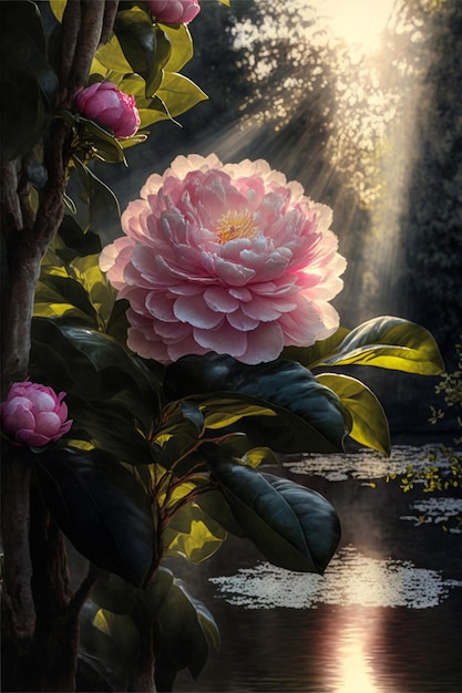Różowy kwiat siedzi na szczycie drzewa obok zbiornika wodnego generującego ai