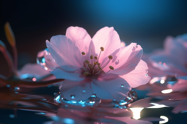 Różowy kwiat unosi się w kałuży wody.