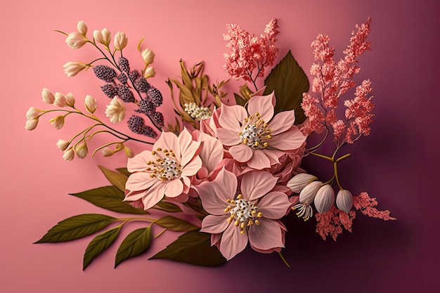 Różowy letni bukiet delikatnych otwartych kwitnących kwiatów na pastelowym różowym tle stworzony za pomocą generat