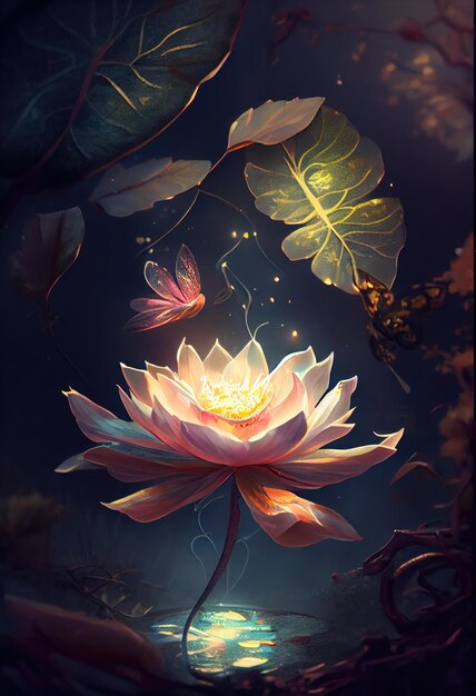 Różowy lotos Kwiat lotosu Lilia wodna Piękny kwiat lotosu w wodzie z motylem na nim