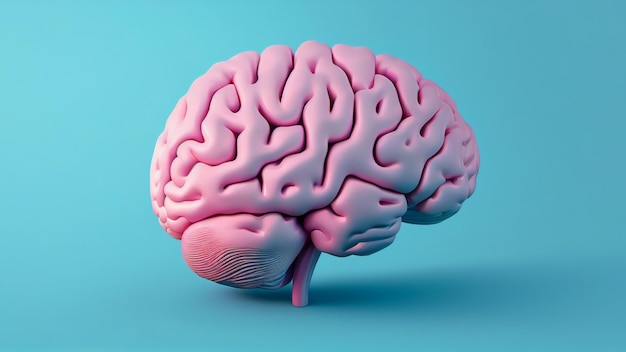 Różowy ludzki mózg renderowania 3d ilustracji na niebieskim tle Generative AI