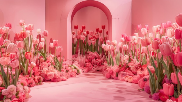 Zdjęcie różowy łuk kartonowy panel kwiatowy tło promieniejące światło ai stworzone