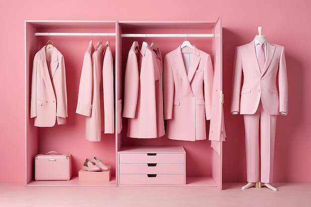 Różowy luksusowy garnitur na manekinie i luksusowa garderoba na pastelowym różowym tle kreatywna kompozycja