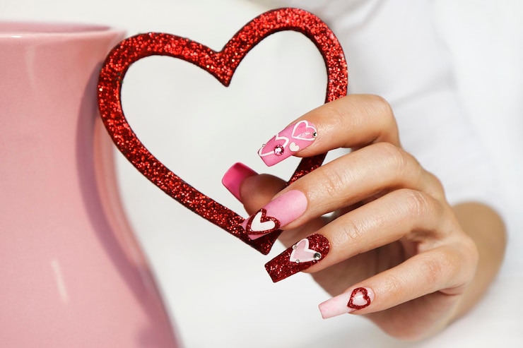 Różowy manicure na długich paznokciach z serduszkami