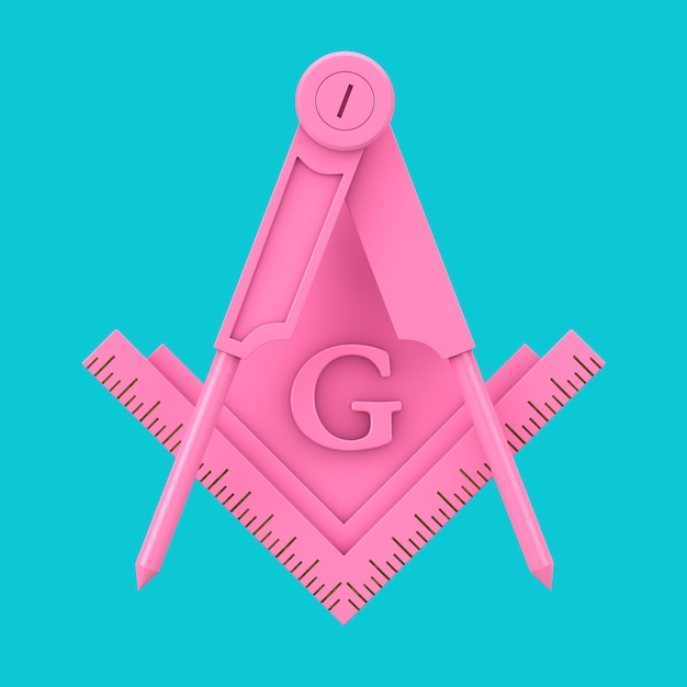 Różowy masoński plac wolnomularski i kompas z literą G godło ikona Logo Symbol jako styl bichromii na niebieskim tle. Renderowanie 3D