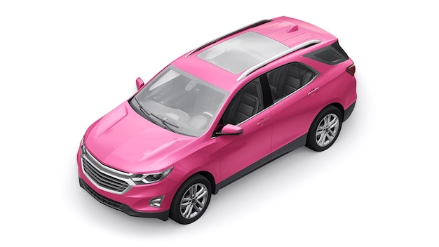 Różowy miejski SUV średniej wielkości dla rodziny na białym tle renderowania 3d