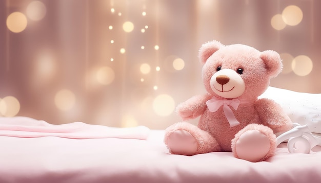 Różowy miś-zabawka przy łóżku dziecka Koncepcja Światowego Dnia Walki z Rakiem