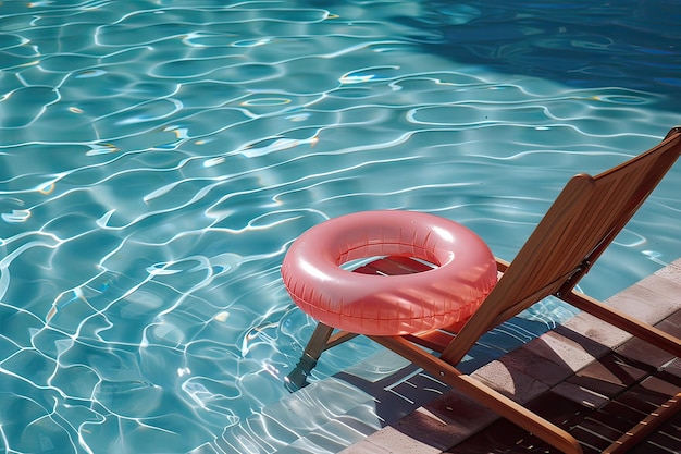 Różowy nadmuchiwany pływacz w basenie na drewnianym krześle generatywny AI