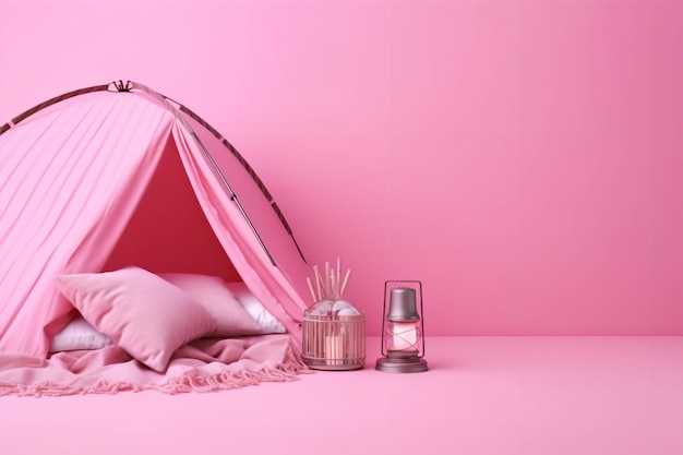 Różowy namiot z latarnią i lampą na stole.