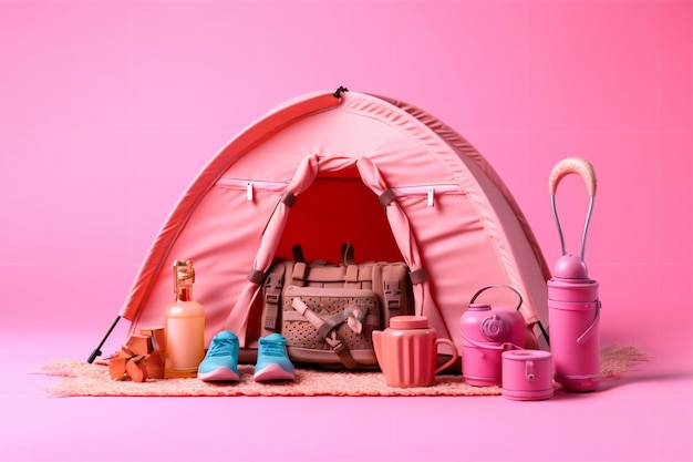 Różowy namiot z torbą i torbą z wiadrem oraz torbą z rączką.