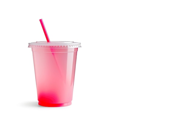 Różowy napój w plastikowym kubku na białym tle Koncepcja napojów na wynos z miejsca na kopię