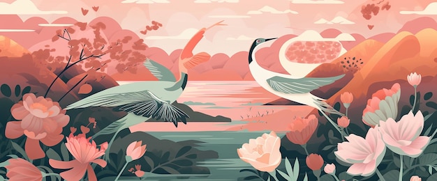 Różowy naturalny krajobraz z dwoma żurawiami latającymi na pięknych lotosach Generacyjna sztuczna inteligencja
