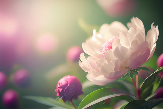 Różowy naturalny kwiat piwonii lato tło Generative AI