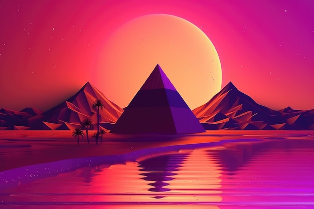 Różowy neonowy zachód słońca z piramidą i palmami