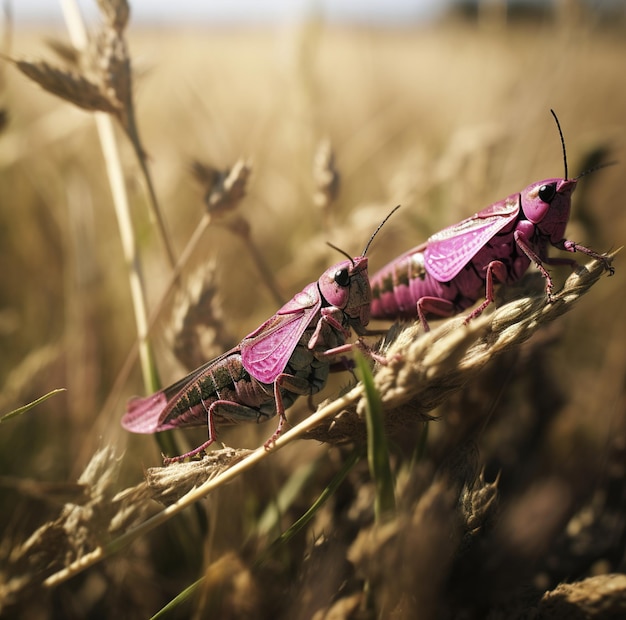 Zdjęcie różowy owad na polu pszenicy