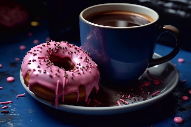 Różowy pączek i niebieska filiżanka kawy na ciemnym tle