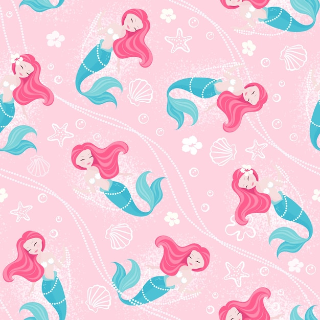 Różowy pastelowy wzór syrenki dla dzieci moda dzieła sztuki książki dla dzieci odciski i tkaniny lub tapety ilustracje modne rysunek w nowoczesnym stylu dla ubrań koralowa syrena