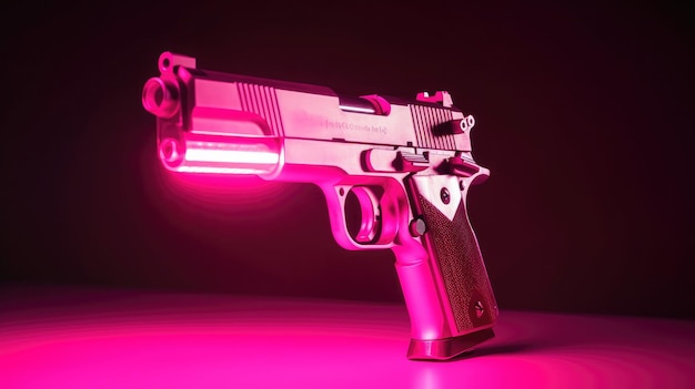 Różowy pistolet jest oświetlony w ciemności z napisem pistolet.