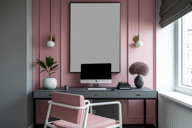 różowy plakat wiszący na ścianie nowoczesne biurko i krzesło przed nim różowy dekoracja biura domowego