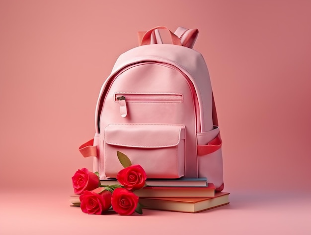 Różowy plecak szkolny i podręczniki na różowym tle