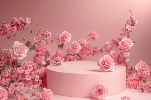 Różowy podium z kwiatami na wystawę produktu lub reklamę