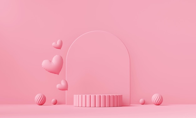 Różowy podium z sercem, wyświetlacz produktu, tło, rendering 3D bez generowanej przez AI