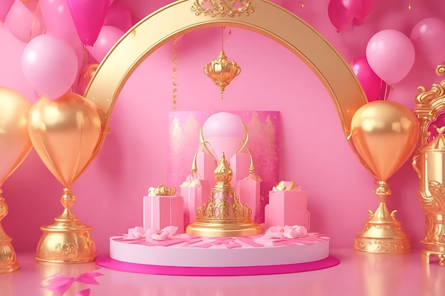 różowy pokój z balonami i złotą piłką i różowym tłem